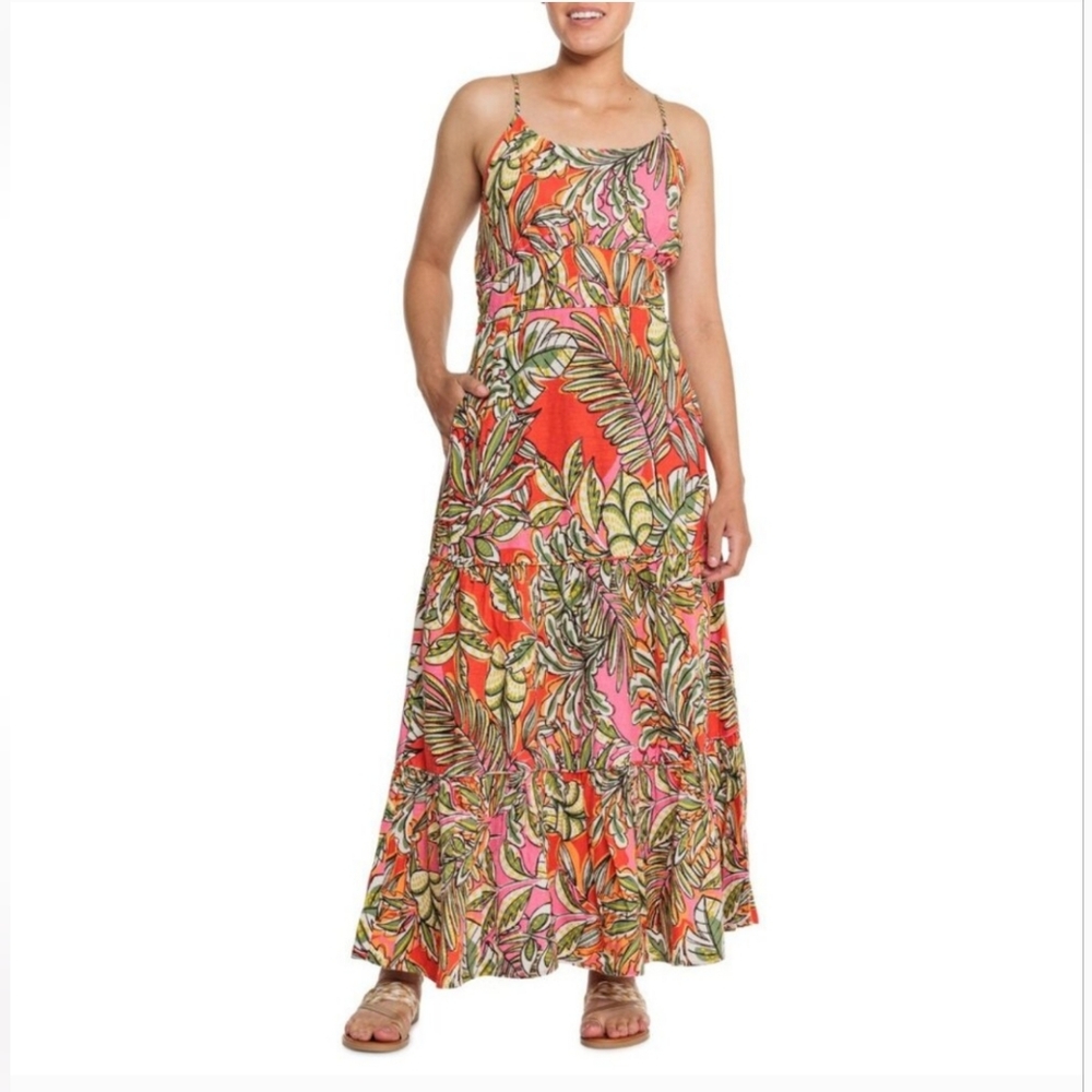 NWOT C&C California Linen Blend Tropical Print Spaghetti Strap Maxi Dress Medium